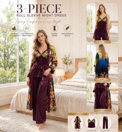 3 Part Print Premium Full Sleeves Nightwear