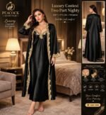 Satin Nighty Set with Golden Lace for Women - Image 2