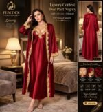 Satin Nighty Set with Golden Lace for Women